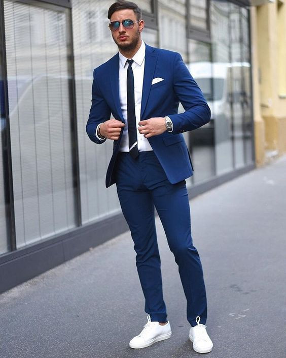 Dark Blue And Navy Suit Jackets Tuxedo, Men's Prom Outfit Designs With Dark Blue And Navy Casual Trouser, Slim Fit Blue Blazer For Men: 