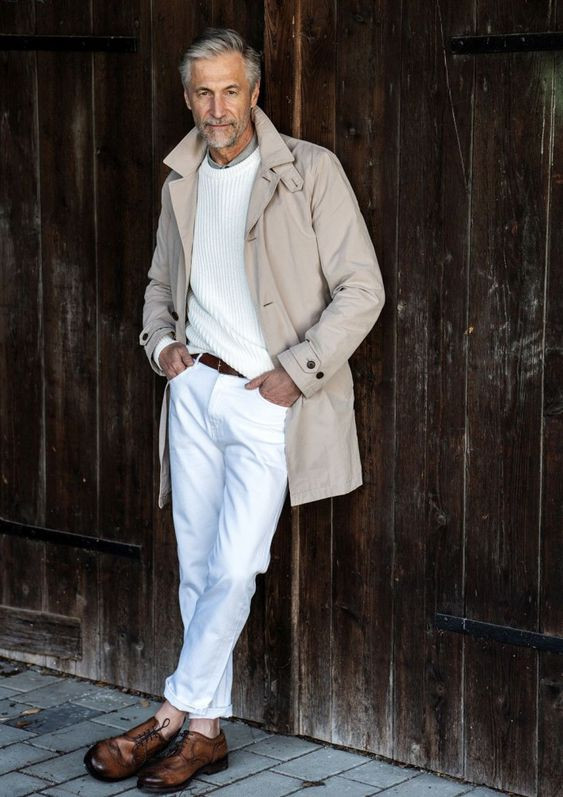 Beige Trench Coat, Over 50 Ideas With White Casual Trouser, Brown Shoe: 