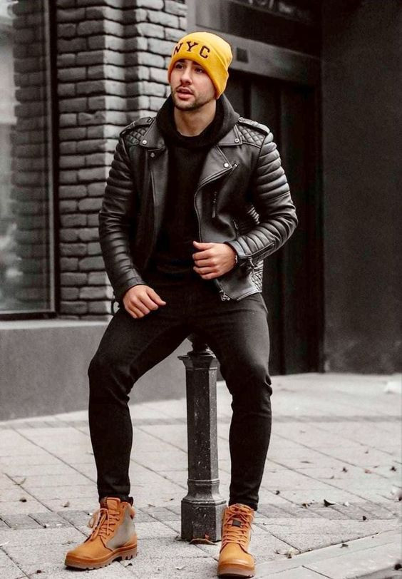 Black Biker Jacket, Timberland Boot Fashion Ideas With Black Leather Trouser, Shoe: 