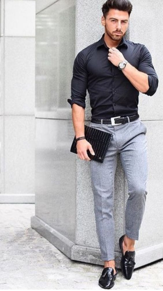 Black Shirt, Interview Outfit Trends With Grey Suit Trouser, Gray Pant Black Shirt: 