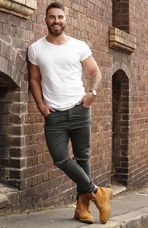 White T-shirt, Timberland Boot Outfits With Grey Leather Trouser, Yellow Boot Look: 