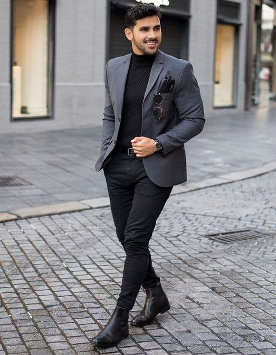 Grey Suit Jackets And Tuxedo, Men's Prom Outfits Ideas With Black Casual Trouser, Chelsea Boots Formal Outfit Men: 
