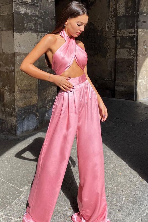 Pink Halter Top Ideas With Pink Sweat Pant, Cute Outfits: 