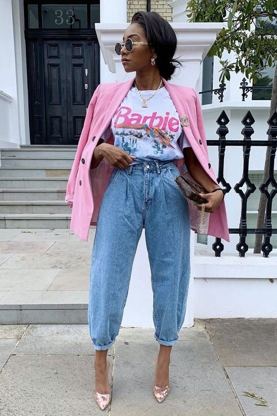 Light Blue Casual Trouser, Culottes Outfit Designs With Pink Trench Coat, Zara Barbie T Shirt: 