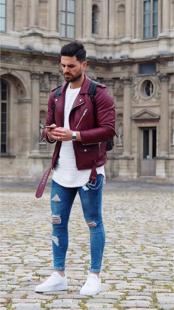 Purple And Violet Biker Jacket, Bomber Jacket Attires Ideas With Dark Blue And Navy Jeans, Outfits De Moda Hombres: 