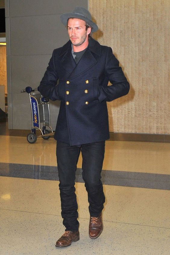 Dark Blue And Navy Peacoat, Pea Coat Fashion Wear With Dark Blue And Navy Formal Trouser, David Beckham Airport Style: 