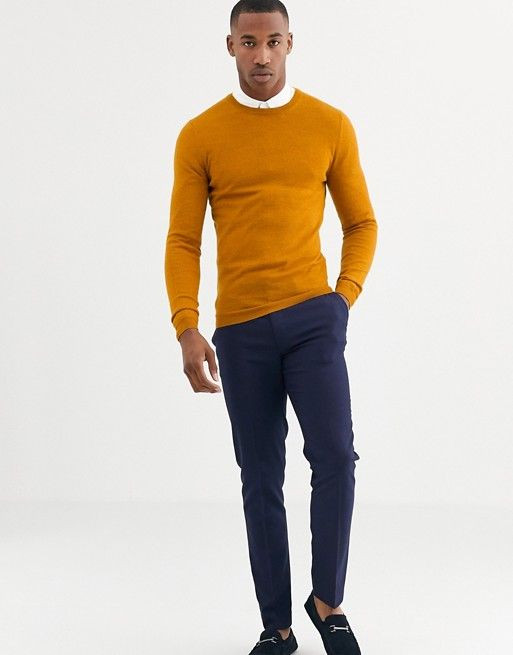 Yellow Sweater, Mustard Sweater Outfit Designs With Dark Blue And Navy Suit Trouser, Standing: 
