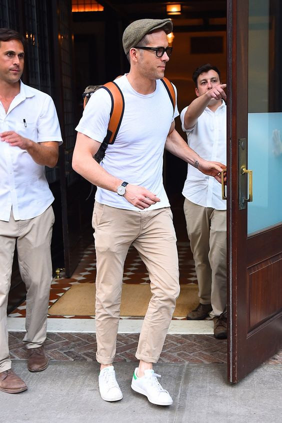 White Polo-shirt, Nerd Attires Ideas With Beige Sweat Pant, Ryan Reynolds Style: 