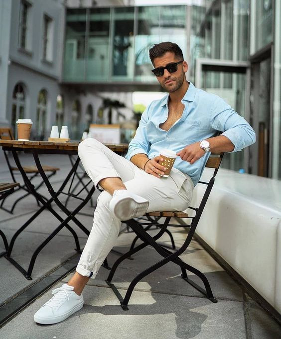Light Blue Shirt, Semi Formal Outfits Ideas With White Casual Trouser, Men's Casual Style 2022: 