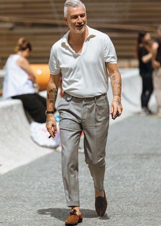 White Polo-shirt, Over 50 Fashion Trends With Grey Formal Trouser, Old Man Dressing Style: 