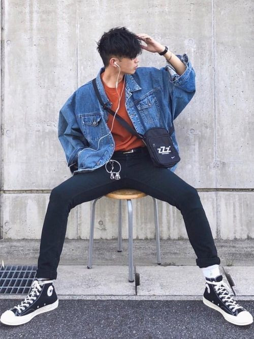 Light Blue Casual Jacket, Aesthetic Fashion Wear With Black Casual Trouser, Converse  Outfit Men | Jean jacket, converse chuck taylor all star leather low top