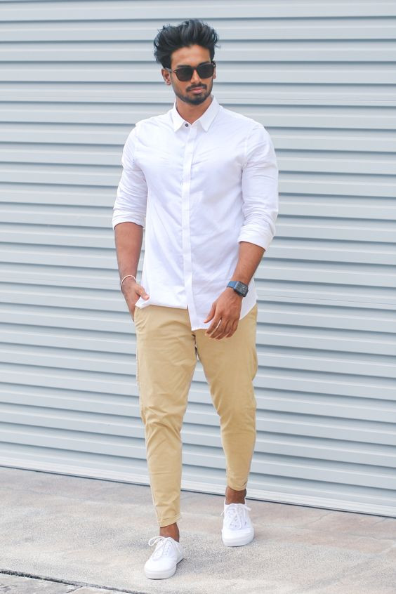 Beige Sweat Pant, Chinos Fashion Outfits With White Shirt, Shoe: 