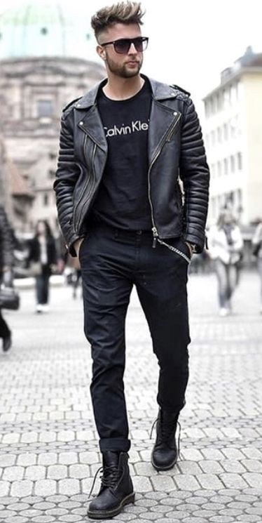 Black Biker Jacket, Black Boot Outfit Ideas With Black Suit Trouser, Leather Jacket: 
