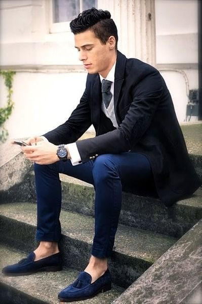 Black Suit Jackets And Tuxedo, Loafers Clothing Ideas With Dark Blue And Navy Jeans, Blue Loafers Men's Outfit: 