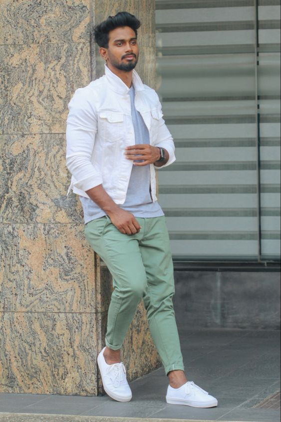 Green Casual Trouser, Chinos Clothing Ideas With White Harrington Jacket, Best Fashion Blog For Men: 