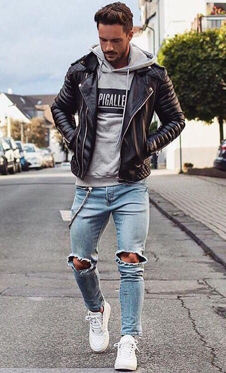 Black Biker Jacket, Bomber Jacket Outfits With Light Blue Casual Trouser, Cool Outfits For Men: 