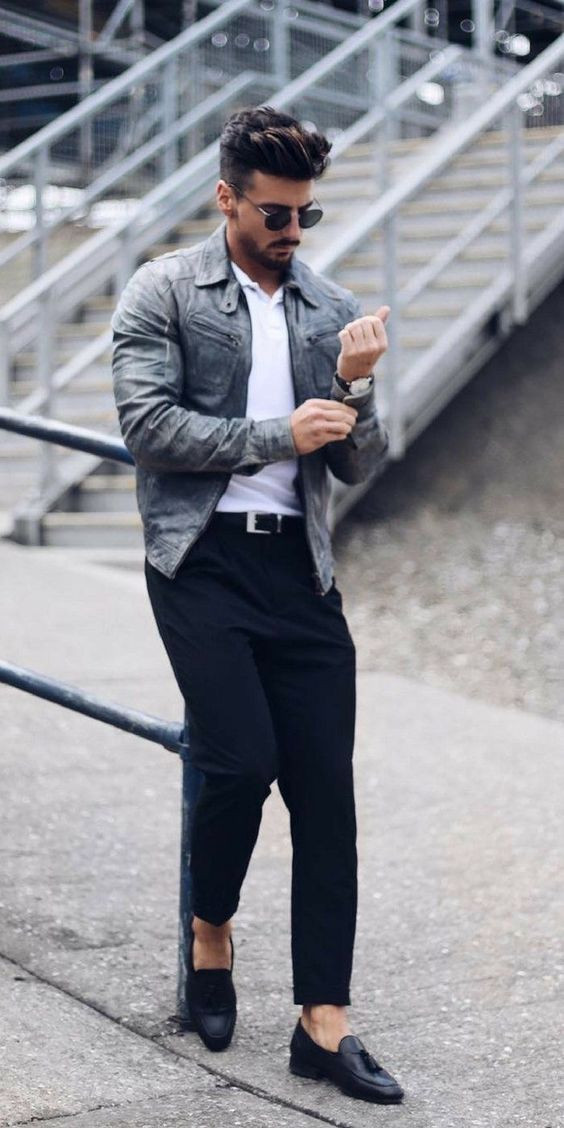 Grey Casual Jacket, Loafers Wardrobe Ideas With Dark Black Casual Trouser, Men's Dressup: 