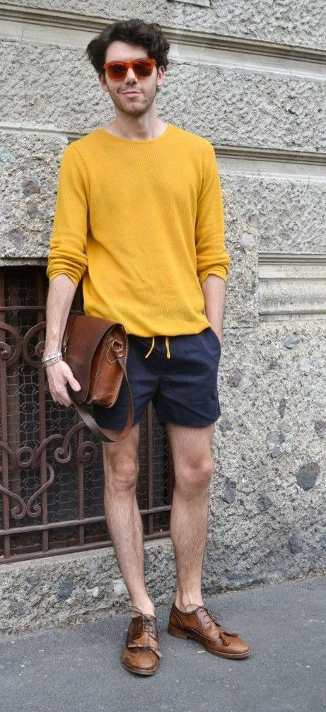 Yellow Sweater, Mustard Sweater Outfits Ideas With Dark Blue And Navy Swim Short, Mustard Yellow T Shirt Men's Outfit: 