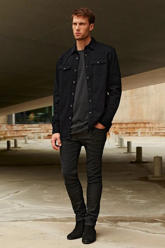 Black Casual Jacket, Men's Ideas With Black Jeans, Black Jeans And Boots Men: 