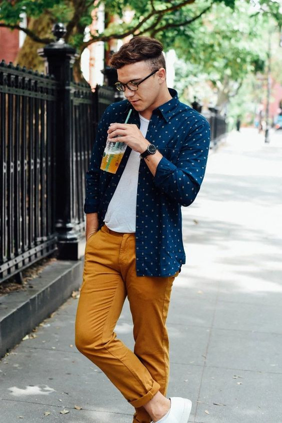 Dark Blue And Navy Jackets Coat, Nerd Attires Ideas With Mustard Pants Men's Outfit: 