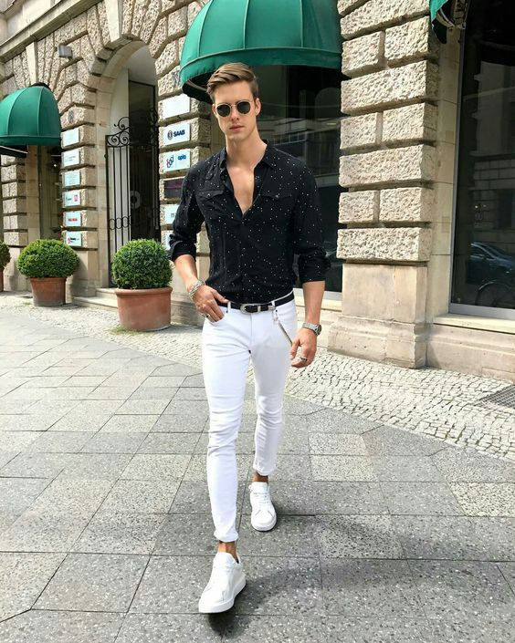 Black Shirt, Semi Formal Clothing Ideas With White Casual Trouser, Jeans: 