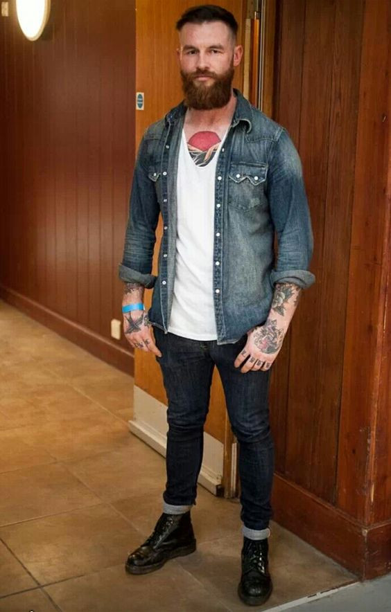 Light Blue Denim Shirt, Dr. Martens Fashion Ideas With Dark Blue And Navy Jeans: 