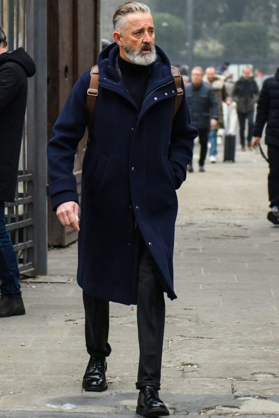 Dark Blue And Navy Winter Coat, Over 50 Fashion Outfits With Black Leather Trouser, Navy Coat Outfit Men: 