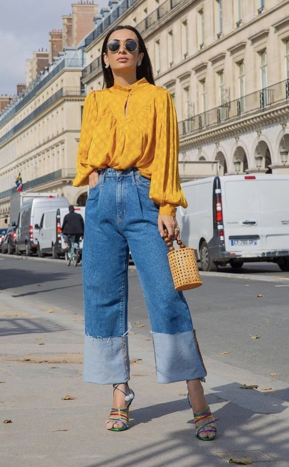Light Blue Casual Trouser, Culottes Outfits Ideas With Yellow Blouse ...