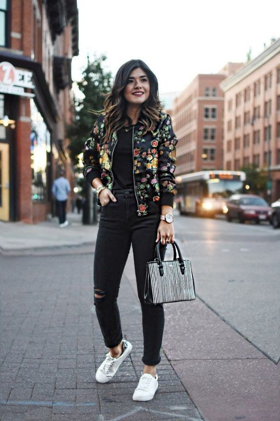 Floral bomber jacket outfit, flight jacket: bomber jacket  