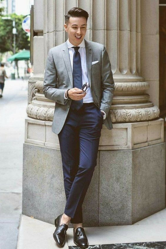 Grey Suit Jackets And Tuxedo, Oxford Shoes Clothing Ideas With Dark Blue  And Navy Casual Trouser, Navy Pants Outfit Men | Navy blue, men's style