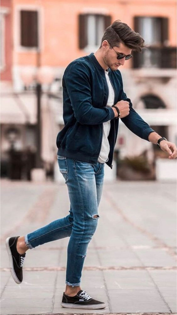 Dark Blue And Navy Denim Shirt, Bomber Jacket Clothing Ideas With Light Blue Casual Trouser, Fashion Stylish Men Clothes: 