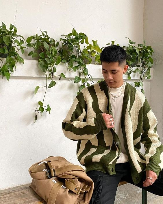 Green And Beige Winter Coat, Winter Fashion Outfits With Black Cargo Pant, Brushed Knit Abstract Stripe Cardigan: 