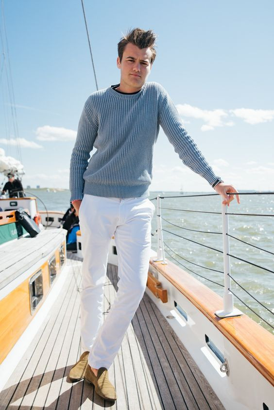 Light Blue Sweatshirt, Boating Outfit Trends With White Beach Pant, Nautical Style Men: 