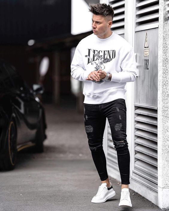 White Sweatshirt, Men's Fashion Wear With Jeans, Skinny Jeans Hombre ...