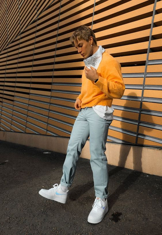 Orange Sweater, Mustard Sweater Outfit Designs With Light Blue Jeans, Jeans: 