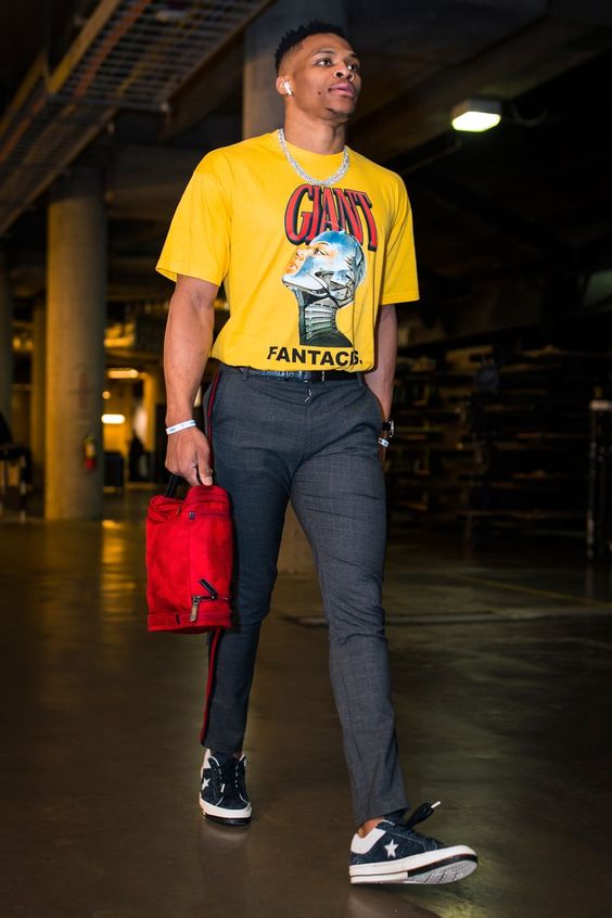 Yellow T-shirt, Valentine's Day Attires Ideas With Grey Casual Trouser, Russell Westbrook Style: 