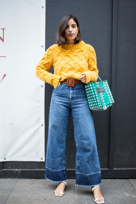 Blue Casual Trouser, Culottes Fashion Wear With Yellow Sweater, Denim  Palazzo Pants Outfits | Chic denim, palazzo pants, fashion design, wide-leg  jeans