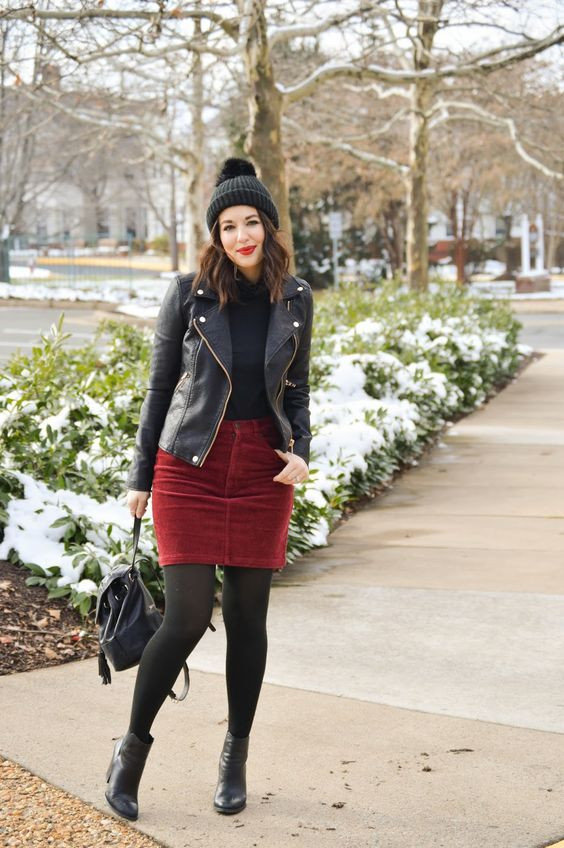 Red Leather Skirt, Suede Skirt Clothing Ideas With Black Biker Jacket, Outfit Shein Invierno: 