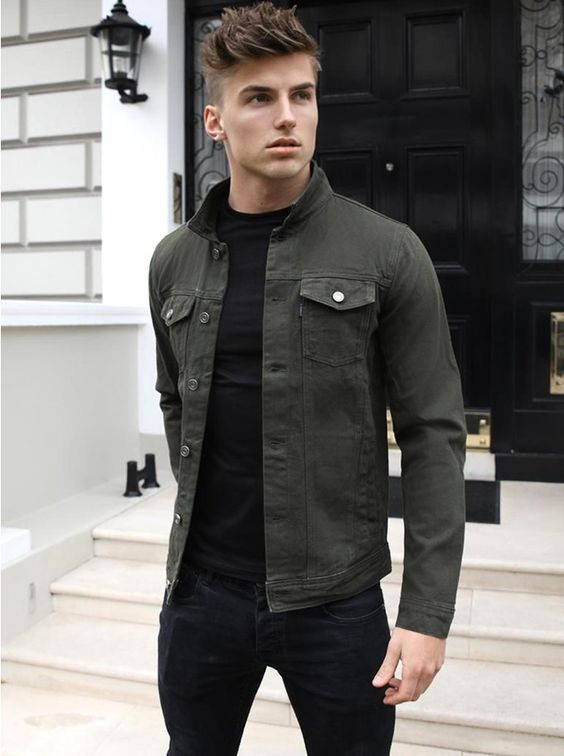 Green Casual Jacket, Bomber Jacket Fashion Trends With Black Jeans, Fashion Green Denim Jacket Men: 