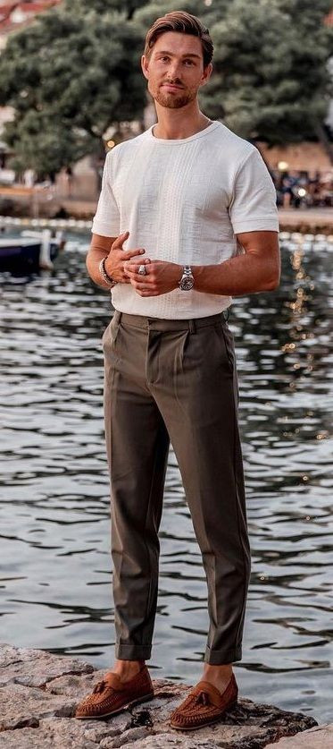 White T-shirt, Loafers Clothing Ideas With Brown Leather Trouser, Summer Outfits Men: 