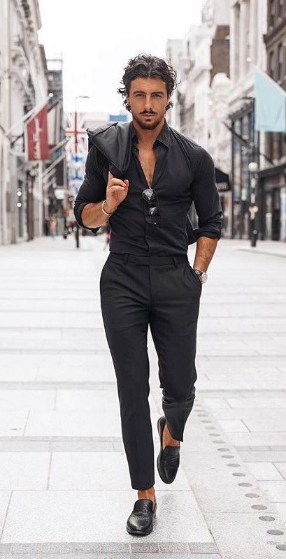 Black Shirt, Men's Outfits Ideas With Black Suit Trouser, Black Shirt Outfits Men Formal: 