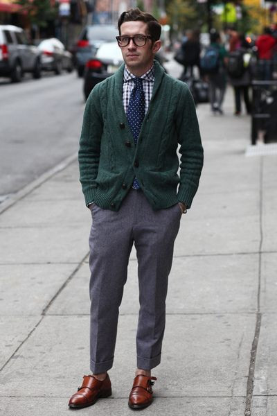 Green Cardigan, Nerd Clothing Ideas With Grey Formal Trouser, Nerdy Guy Fashion: 