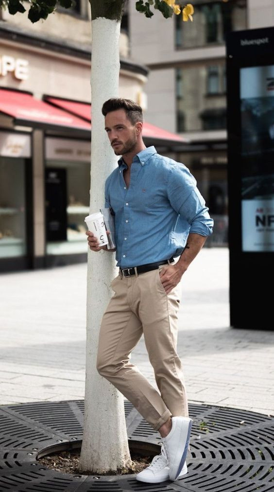 Light Blue Denim Shirt, Clubbing Outfits Ideas With Beige Casual Trouser, Outfit Ideas Men's: 