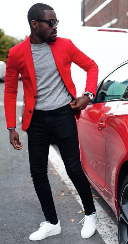 Red Suit Jackets And Tuxedo, Valentine's Day Fashion Outfits With Black Casual Trouser, Red Blazer Casual Outfit Men: 