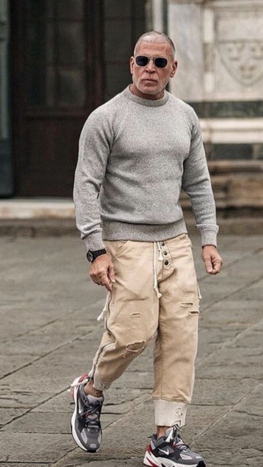 Grey Sweater, Over 50 Wardrobe Ideas With Beige Casual Trouser, Jeans: 