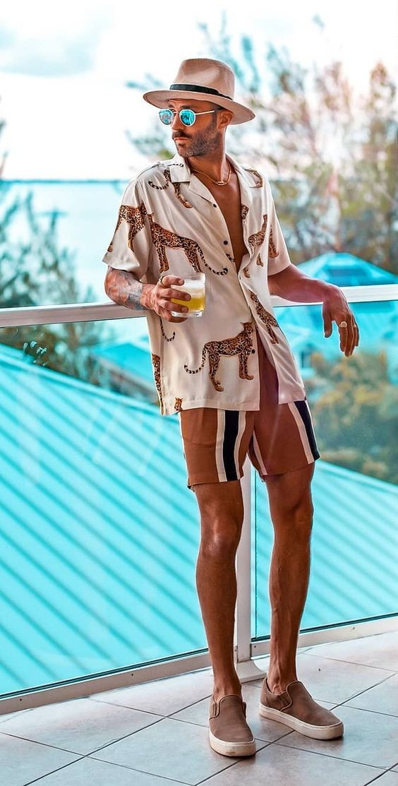 Beige Trench Shirt, Aesthetic Fashion Wear With Brown Casual Short, Beach Party Outfit Men: 