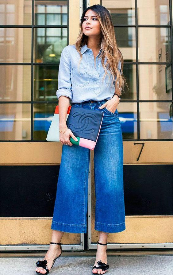 Light Blue Jeans, Culottes Outfit Designs With Light Blue Denim Shirt, loose jeans: 