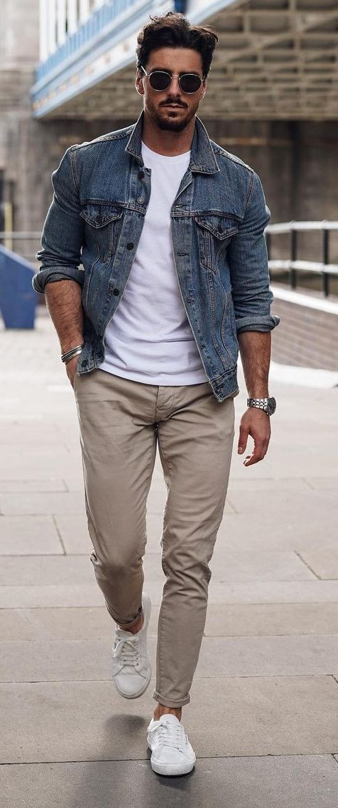 Beige Sweat Pant, Chinos Ideas With Dark Blue And Navy Denim Jacket, Weekend Outfit For Men: 