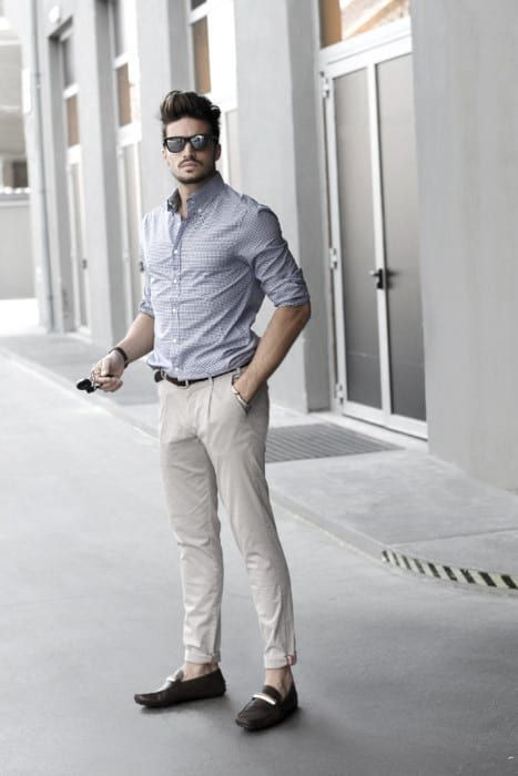 Shirt, Loafers Fashion Ideas With Beige Sweat Pant, Beige Chinos Blue Shirt: 