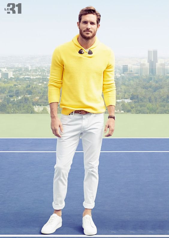 Yellow Polo-shirt, Mustard Sweater Clothing Ideas With White Jeans, Yellow  Mens Outfit | Polo shirt, men's style